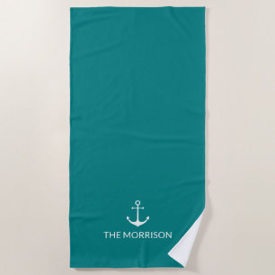 Serviette De Plage Nautical Custom Boat Name ancrage blanc turquoise