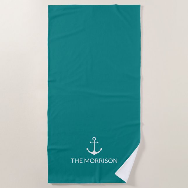 Serviette De Plage Nautical Custom Boat Name ancrage blanc turquoise (Devant)