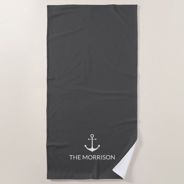 Serviette De Plage Nautical Custom Boat Name ancre gris fusain (Devant)