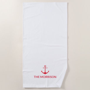Serviette De Plage Nautical Custom Boat Name rouge ancre blanche