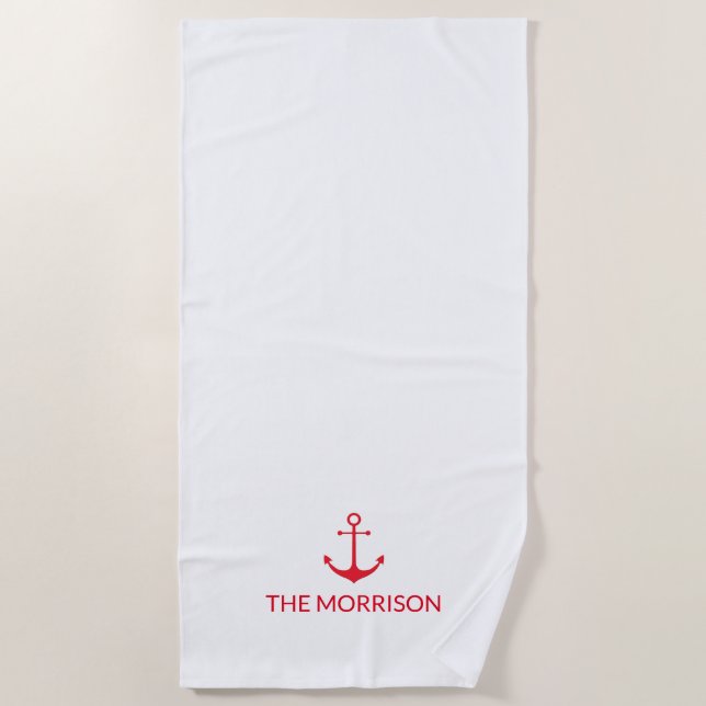 Serviette De Plage Nautical Custom Boat Name rouge ancre blanche (Devant)