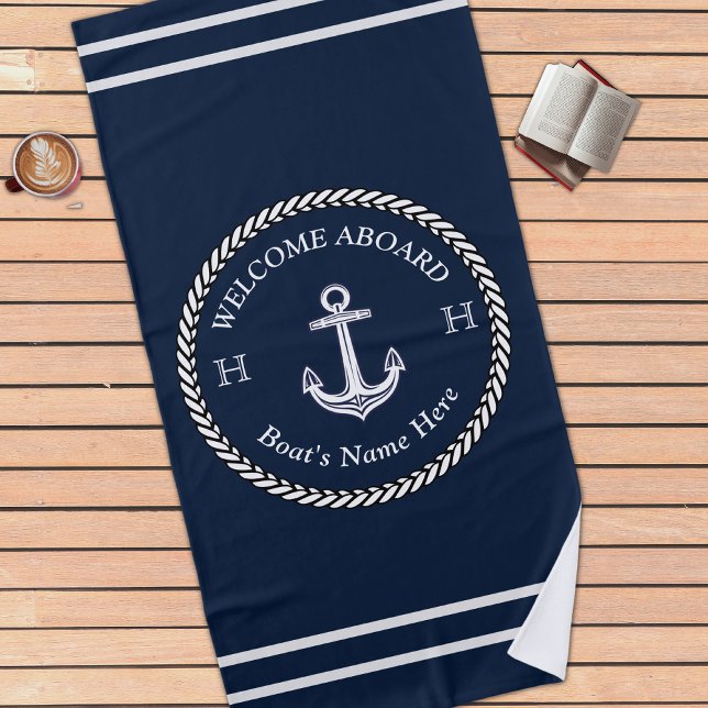 Serviette De Plage Nautical Marine Blue Boat Nom Ancre corde (Créateur téléchargé)