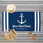 Serviette De Plage Nautical Navy Blue Custom Boat Name<br><div class="desc">La serviette de plage nautique au format horizontal dispose d'une ancre de bateau élégante avec des bandes horizontales préppy. Personnalisez le texte personnalisé avec votre nom de bateau et votre emplacement. Le design comprend un décor classique couleur bleu marine et blanc.</div>
