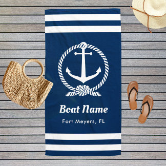 Serviette De Plage Nautical Navy Blue Custom Boat Name