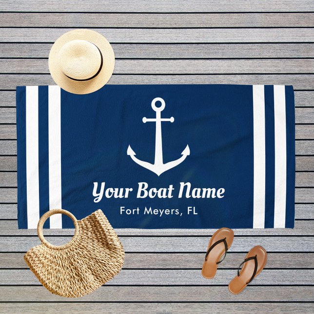 Serviette De Plage Nautical Navy Blue Custom Boat Name (Créateur téléchargé)