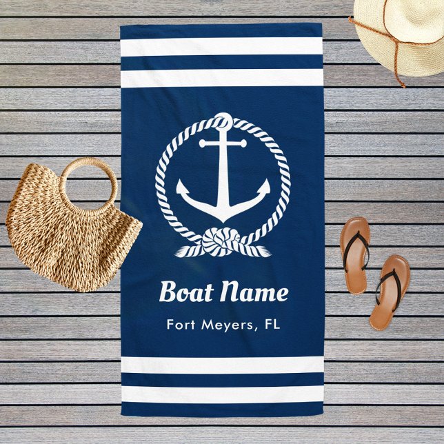 Serviette De Plage Nautical Navy Blue Custom Boat Name (Créateur téléchargé)