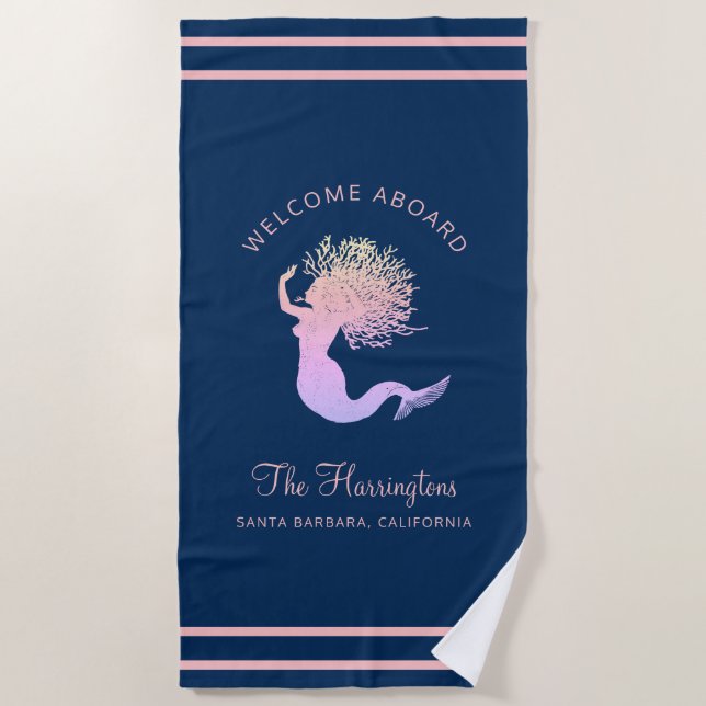 Serviette De Plage Nautical Navy Blue Custom Name Mermaid Beach Towel (Devant)