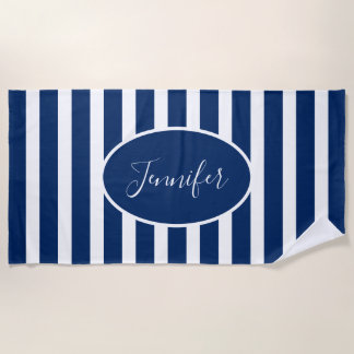 Serviette De Plage Nautical Navy Blue Stried Ajouter Nom Script