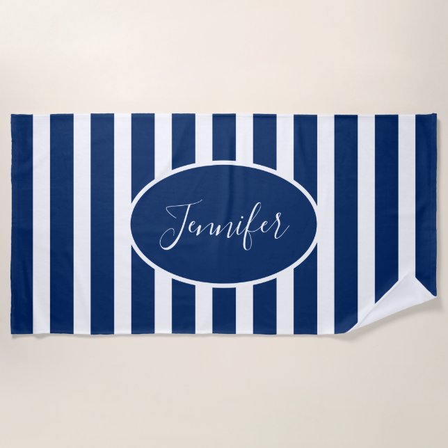 Serviette De Plage Nautical Navy Blue Stried Ajouter Nom Script (Devant)