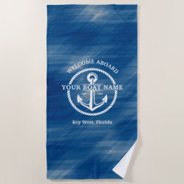 Serviette De Plage Nautical Navy Blue Welcome Aboard Nom du bateau An