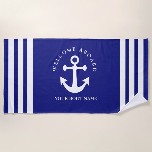 Serviette De Plage Nautical Navy Blue Welcome Aboard Nom du bateau An (Devant)