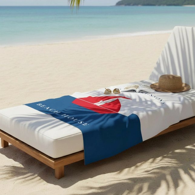 Serviette De Plage Nautical Red Sailboat Personalized Family Name  (Créateur téléchargé)