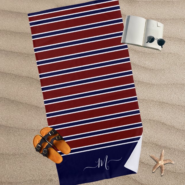 Serviette De Plage Nautical Red White Blue Striped Monogram Name Bath (Créateur téléchargé)