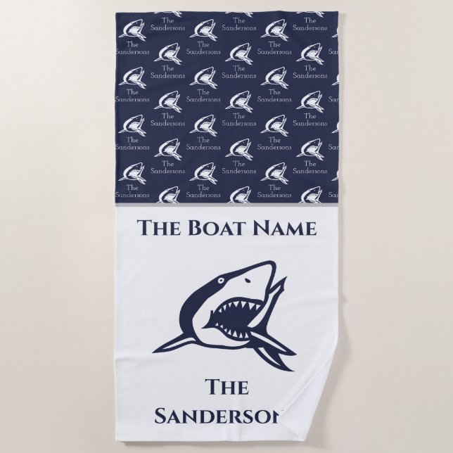Serviette De Plage Nautical Shark Marine Blue Boat n Nom de famille (Devant)