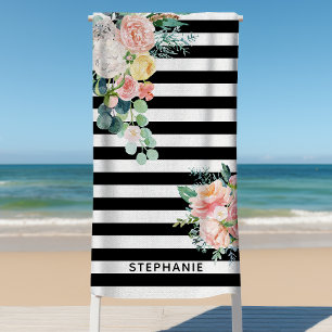 Serviette De Plage Nautical Stripes Aquarelle Florale Noir Nom