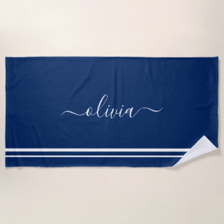 Serviette De Plage Nautique Ajouter le nom Script Marine Bleu strié