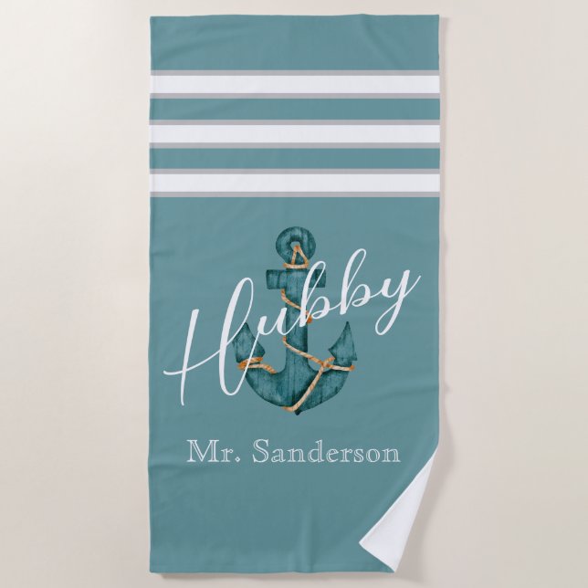 Serviette De Plage Nautique Aqua Teal Blue Anchor Hubby Lune de miel (Devant)