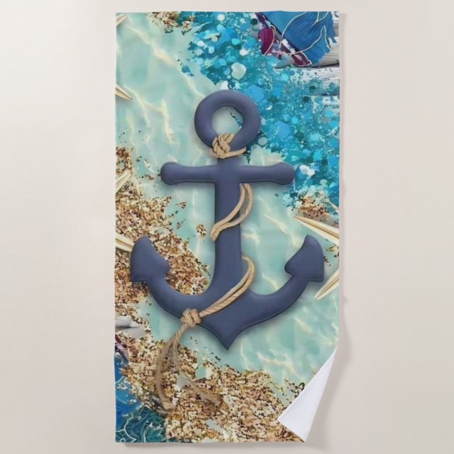 Serviette de plage nautique avec ancre bleue  (Devant)