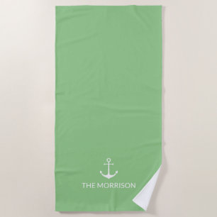Serviette De Plage Nautique Custom Boat Name blanc ancre sauge vert