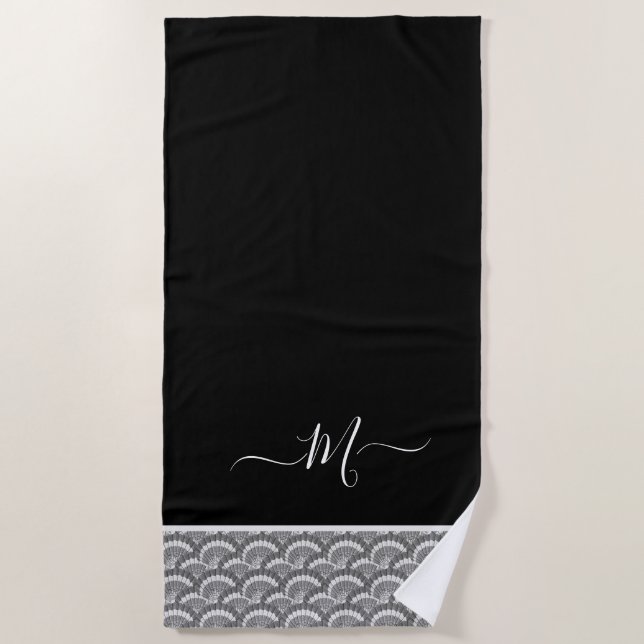 Serviette De Plage Nautique Noir Blanc Élégant monogramme initial Bai (Devant)