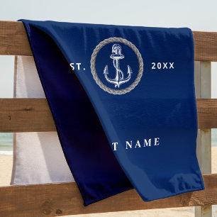 Serviette De Plage Nautique nom de bateau ancre marine bleu