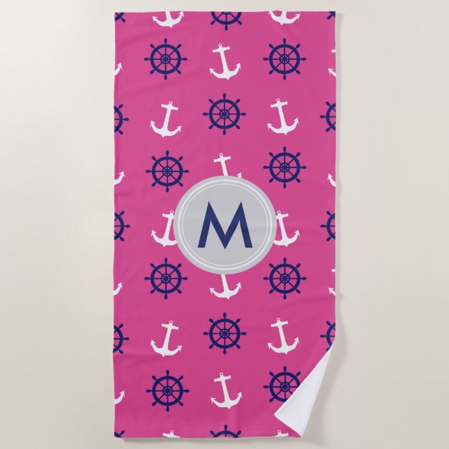 Serviette de plage nautique rose de monogramme (Devant)