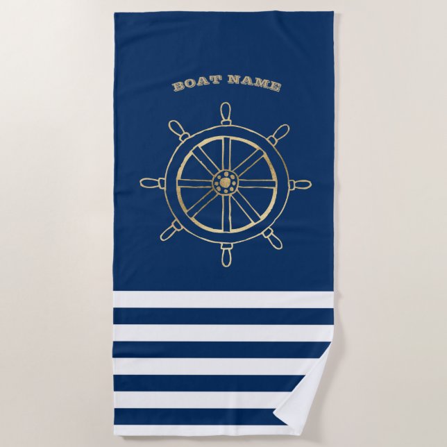 Serviette De Plage Nautique, Roue de bateau en or, Bleu de marine (Devant)