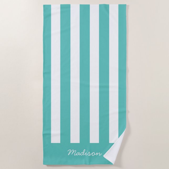 Serviette De Plage Nautique Turquoise & Blanc Strié Nom personnalisé (Devant)