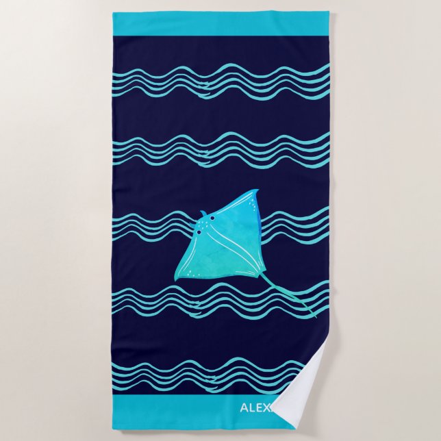 Serviette De Plage Nautique Turquoise Bleu Marine Manta Ray Wave (Devant)