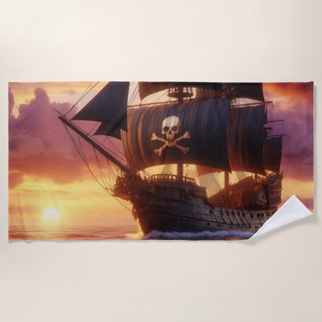 Serviette De Plage Navire pirate au lever/coucher du soleil (Devant)