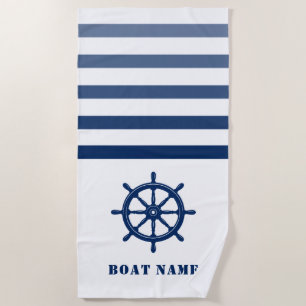 Serviette De Plage Navires Roue Helm Votre Nom De Bateau Bleu Blancs