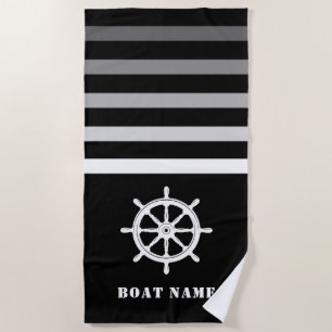 Serviette De Plage Navires Roue Helm Votre nom de bateau Marine Black
