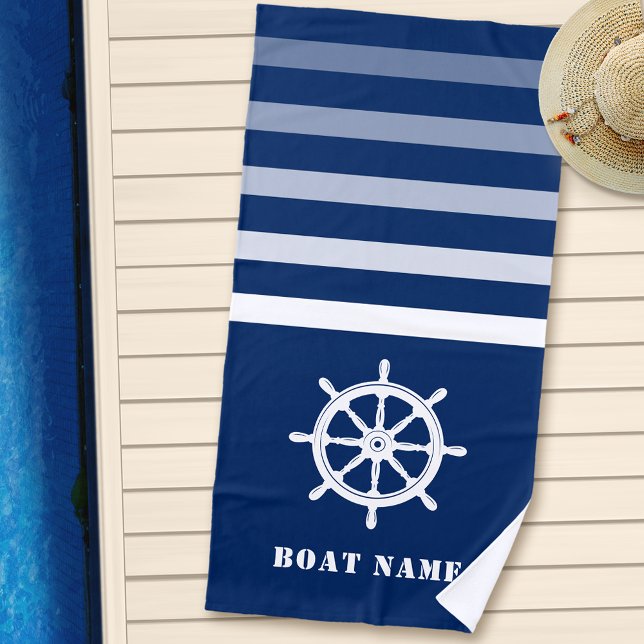 Serviette De Plage Navires Roue Helm Votre nom de bateau Marine Blue (Créateur téléchargé)