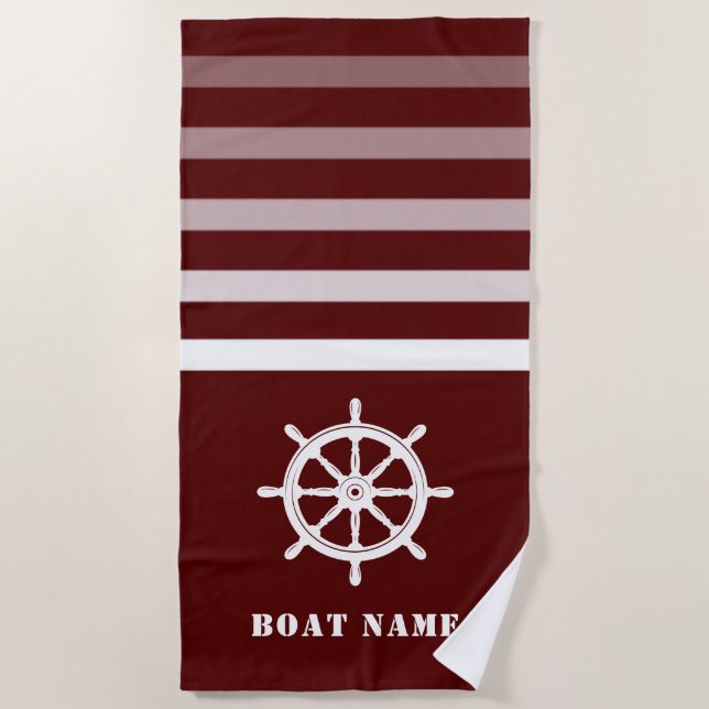 Serviette De Plage Navires Roue Helm Votre nom de bateau Marine Rouge (Devant)