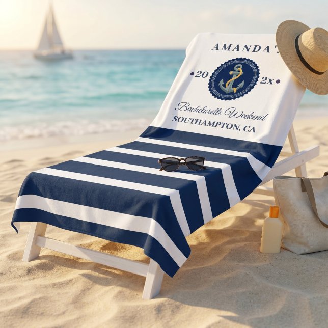 Serviette De Plage Navy & Blanc Rayure Nautique Ancre Enterrement de  (Navy & White Nautical Stripe Anchor Bachelorette Weekend Personalized Beach Towel )