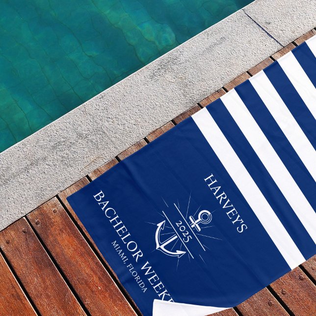 Serviette De Plage Navy et Blanc Week-end de Bachelor Personnalisé su (Créateur téléchargé)
