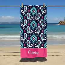 Navy et Rose Ikat Paisley Monogramme Nom