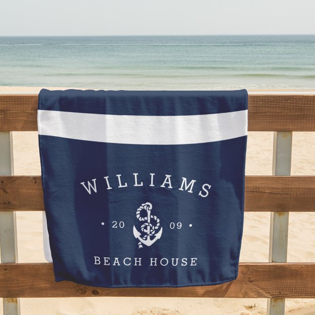 Serviette De Plage Navy & White Stripe Personalized Beach House (Créateur téléchargé)