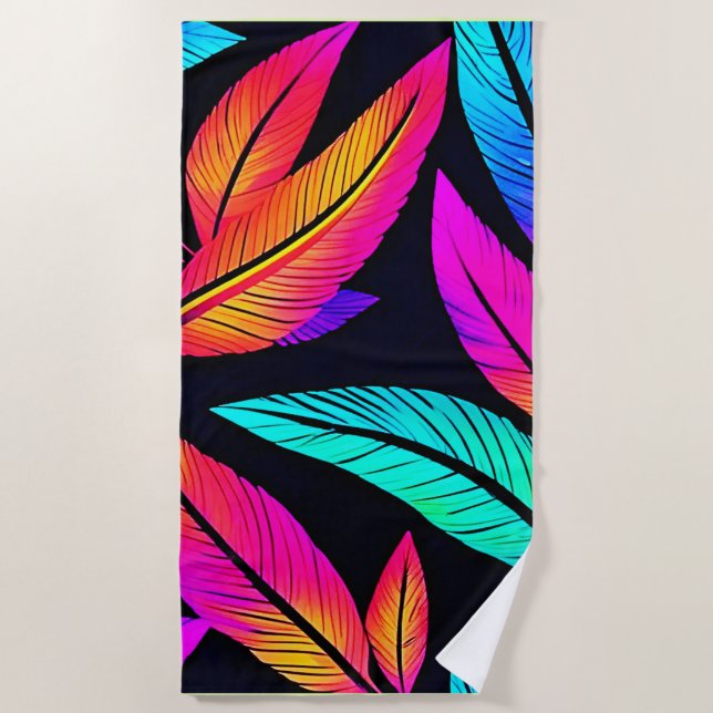 Serviette De Plage Neon Feather Motif Art Vibrant (Devant)