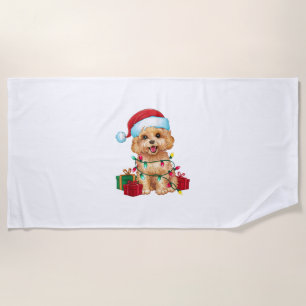 Serviette De Plage Noël Éclairage Santa Chapeau Maltipoo Chien Noël