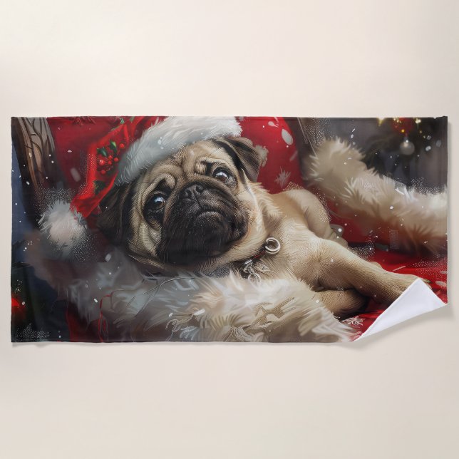 Serviette De Plage Noël Fête de chien Carlin (Devant)