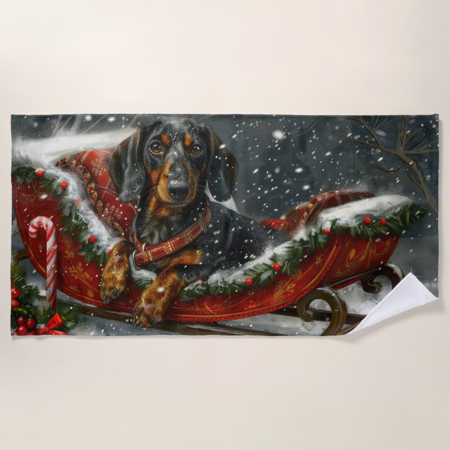 Serviette De Plage Noël Fête de chien teckel festive (Devant)