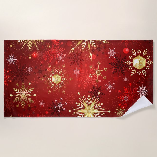 Serviette De Plage Noël Golden Snowflakes sur Arrière - plan rouge (Devant)