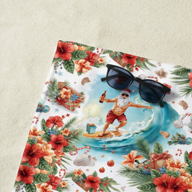 Serviette De Plage Noël Surfant Santa avec Santa Surfeur  (En situation)