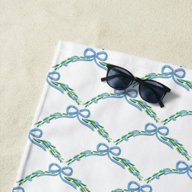 Serviette De Plage Noeud bleu coquette littoral à monogramme (En situation)