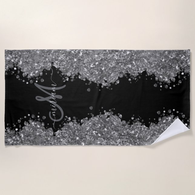 Serviette De Plage Noir Argent Pailleté Gris Monogramme Moderne (Devant)