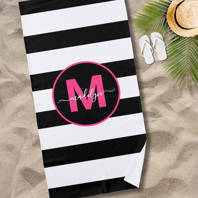Serviette De Plage Noir Blanc Bracelet Hot Rose Nom Monogramme (Black White Stripe Hot Pink Name Monogram Beach Towel)