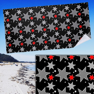 Serviette De Plage Noir blanc coché rayé et étoiles rouges sur noir