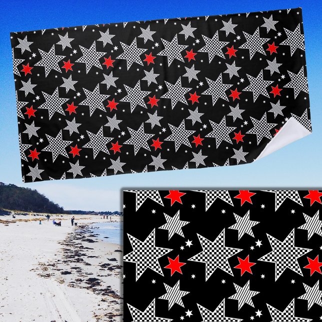 Serviette De Plage Noir blanc coché rayé et étoiles rouges sur noir (Créateur téléchargé)