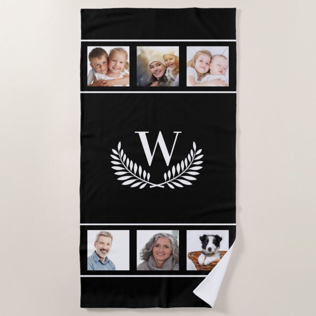 Serviette De Plage noir blanc collage photo monogramme initial classi (Devant)